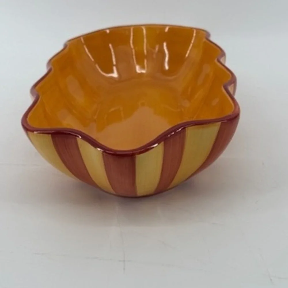 Gail Pittman Hand Painted Ceramic Striped Serving Bowl Scalloped Yellow Red 12in